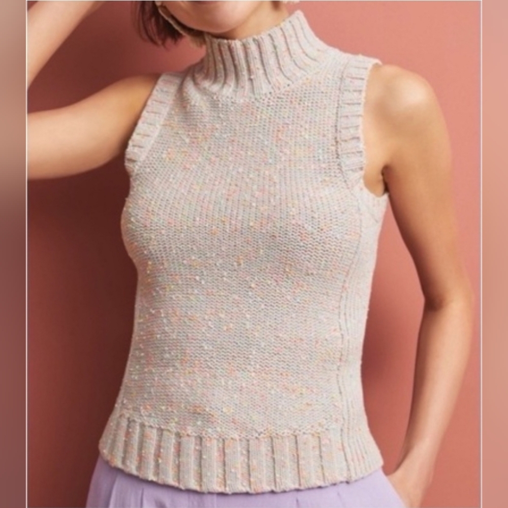 Anthropologie Multicolor Knit Sweater,Sleeveless Mock Neck Neon Confetti
